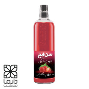 بطری سیروپ توت فرنگی سن‌ایچ با حجم ۸۴۰ میلی‌لیتر، مناسب تهیه نوشیدنی و دسر، با بسته‌بندی شیشه ای و درب پیچی.