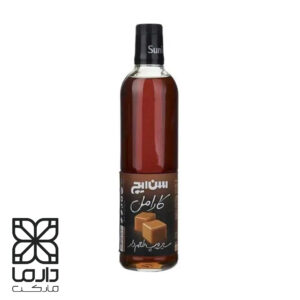 بطری سیروپ کارامل سن‌ایچ با حجم ۸۴۰ میلی‌لیتر، مناسب تهیه نوشیدنی و دسر، با بسته‌بندی شیشه ای و درب پیچی.
